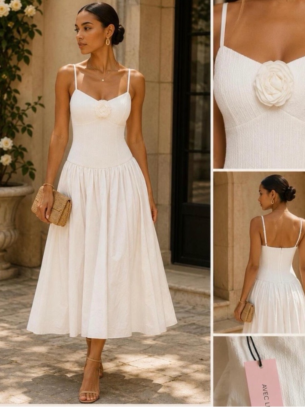 Avec Les Filles Ivory Spaghetti-Strap Midi Dress with Rosette Accent - XL